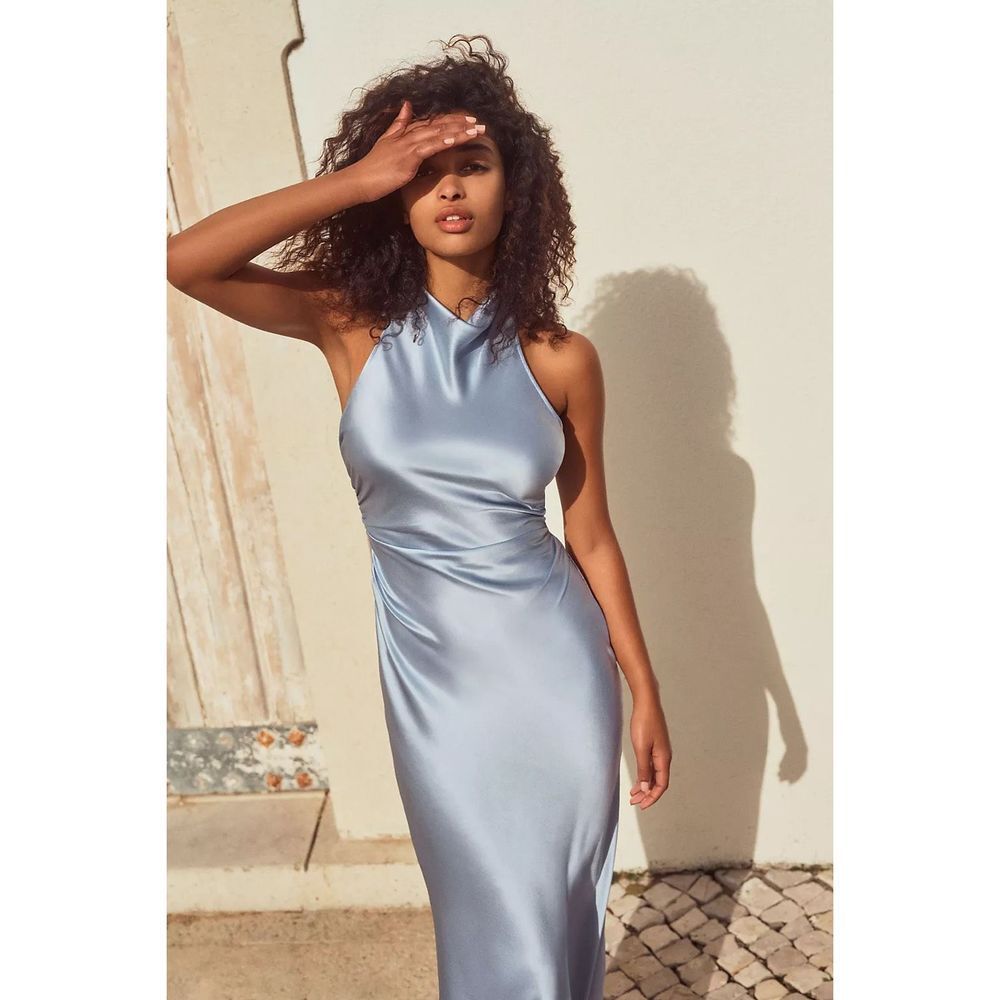 Reformation Blue Ruched Halter Sheath Dress Wedding